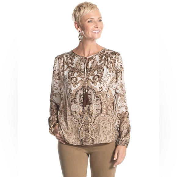 Chico's Size M 8 Precious Medallion Pattern Silky Elegant Louise Top Boho Chic - Picture 1 of 11